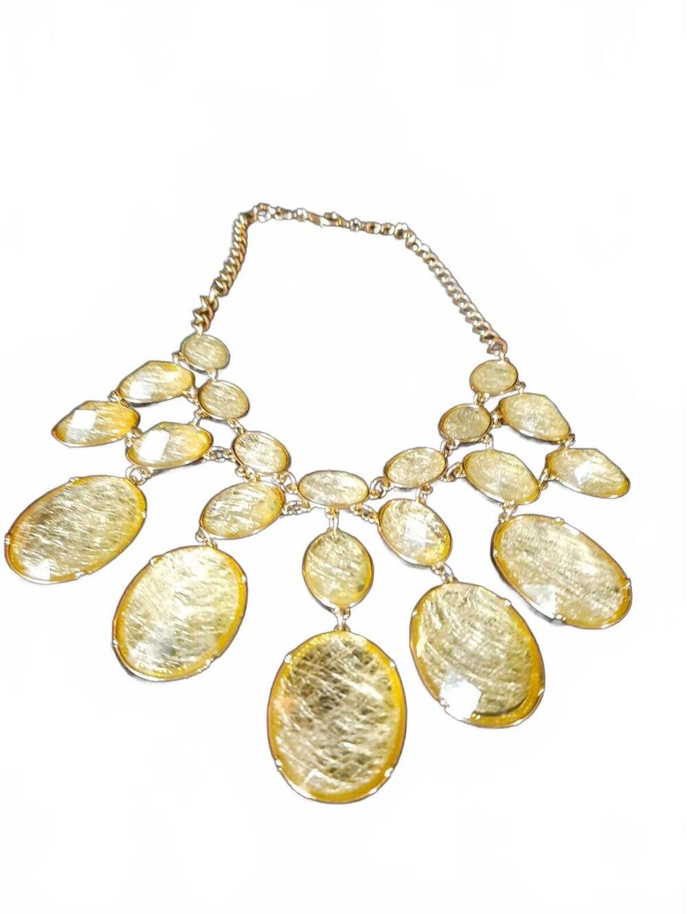 Vintage Faux Green Stone & Goldtone Bib Necklace / Costume Jewelry Retro 8"